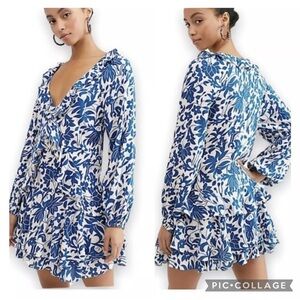 Free People Rebecca Ruffle Floral Mini Dress Long Sleeve Emerald Blue White L